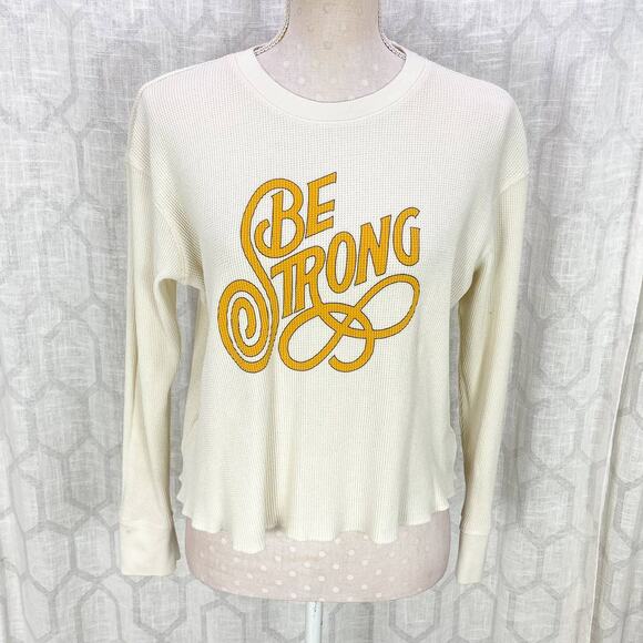 Anthropologie Novia Jonatan Be Strong Thermal Graphic Top Sz S Ivory Waffle Knit - Picture 9 of 9